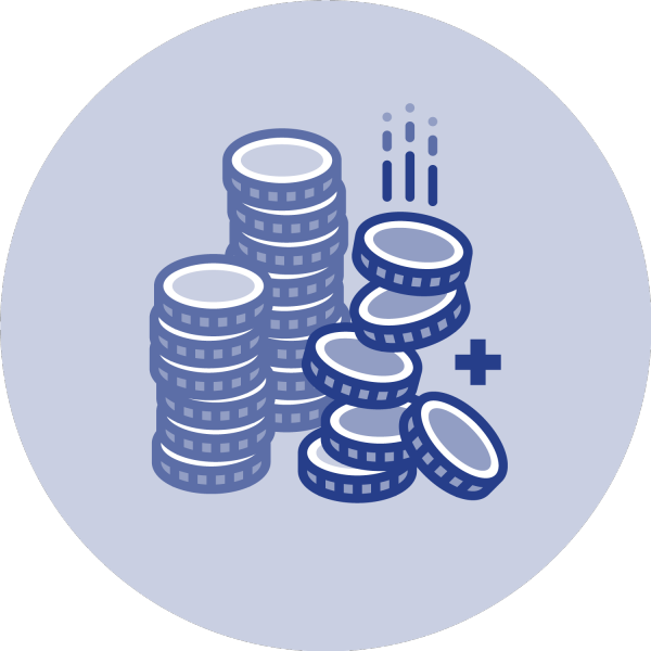 Inkomstförsäkring, staplar av mynt, pengar, flera mynt ramlar in, ikon, illustration. Blå mot blå bakgrund.