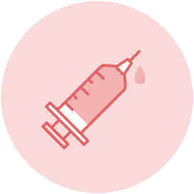 Sjuksköterska, spruta med spets uppåt, vaccin, ikon. Röd mot vit bakgrund.