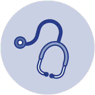 Stetoskop, ikon small. Blå mot blå bakgrund.