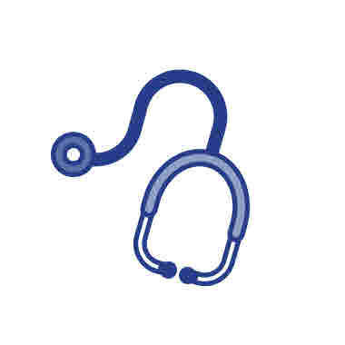 Stetoskop, ikon small. Blå mot vitbakgrund.