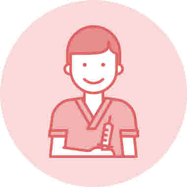 Sjuksköterska med spruta, röd mot röd bakgrund, ikon