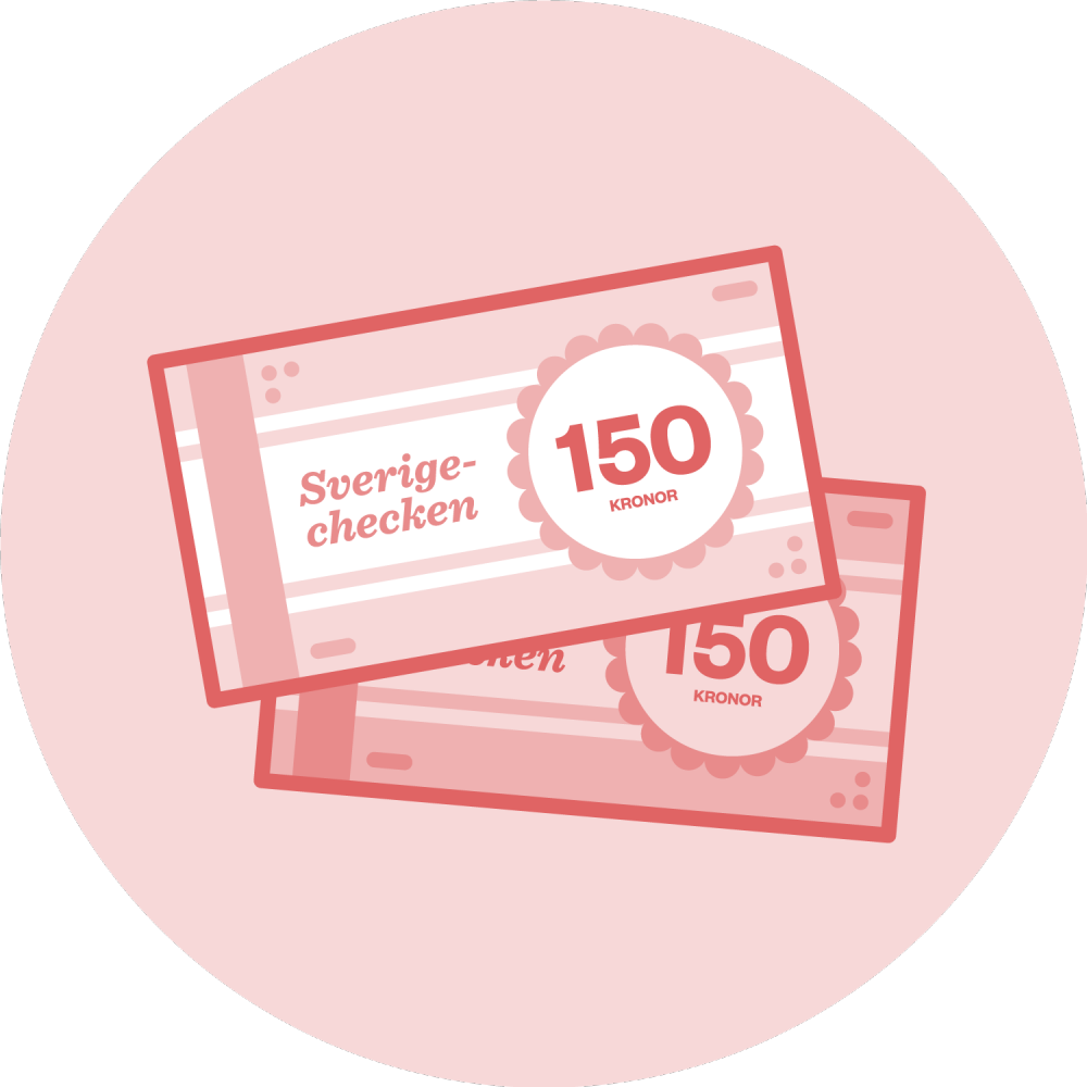 Sverigechecken 150 kr, ikon. Röd mot röd bakgrund.