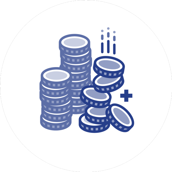 Inkomstförsäkring, staplar av mynt, pengar, flera mynt ramlar in, ikon, illustration. Blå mot vit bakgrund.