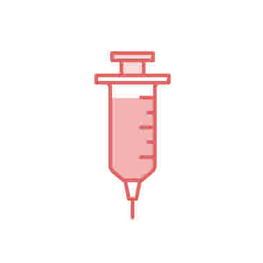 Spruta med spets nedåt, vaccin, ikon. Röd mot vit bakgrund.
