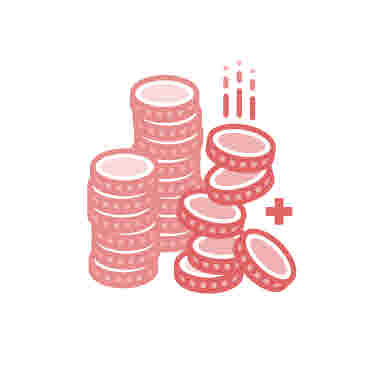 Inkomstförsäkring, staplar av mynt, pengar, flera mynt ramlar in, ikon, illustration. Röd mot vit bakgrund.