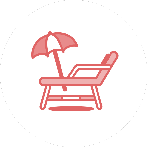 Semester, ledighet, solstol och parasoll. ikon, illustration. Röd mot vit bakgrund.