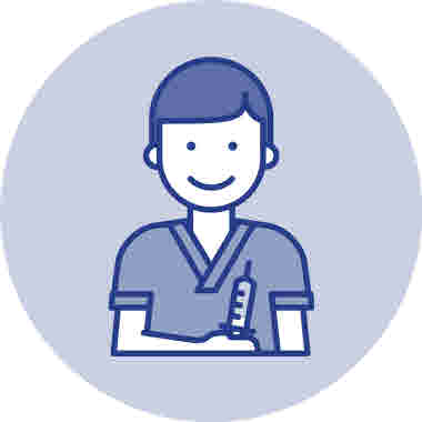 Sjuksköterska med spruta, ikon medium. Blå mot blå bakgrund.