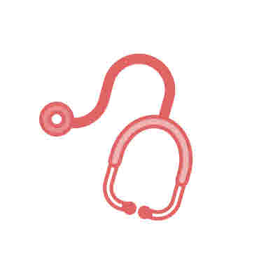 Stetoskop, ikon small. Röd mot röd bakgrund.