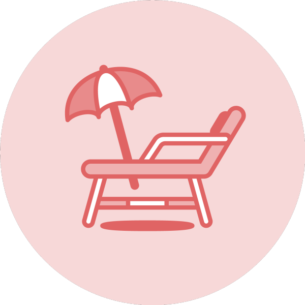 Semester, ledighet, solstol och parasoll. ikon, illustration. Röd mot röd bakgrund.