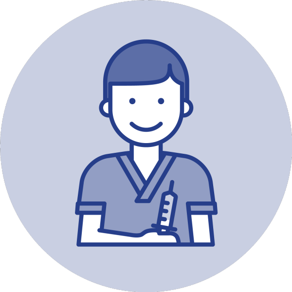 Sjuksköterska med spruta, ikon medium. Blå mot blå bakgrund.