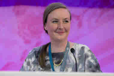 Förbundssekreterare Rebecca under kongressen 2018.