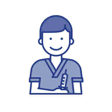 Sjuksköterska med spruta, blå mot vit bakgrund, ikon