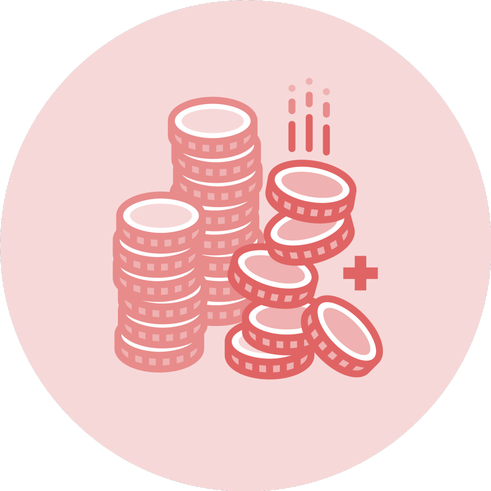 Inkomstförsäkring, staplar av mynt, pengar, flera mynt ramlar in, ikon, illustration. Röd mot röd bakgrund.